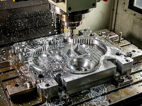 Detailaufnaheme einer Fräsbearbeitung eines Formeinsatzes in einer CNC-Fräse