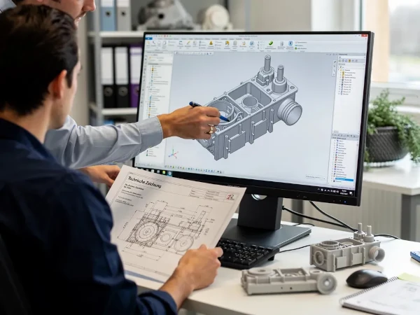 Konstrukteur vor einem Bildschirm mit CAD-Programm und einer Konstruktion von Spritzgusswerkzeugen